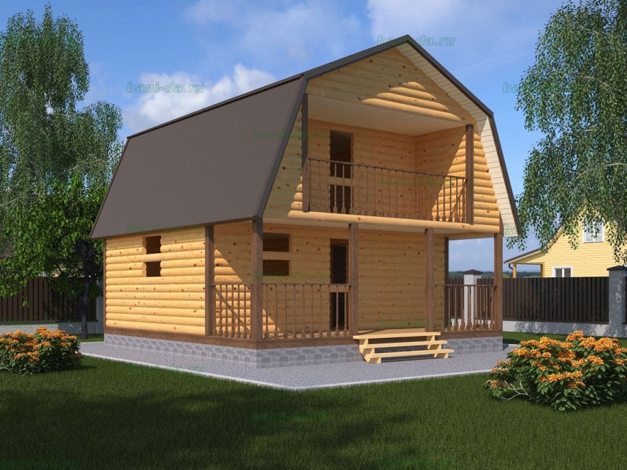 Баня дом 6х6 с мансардой и верандой