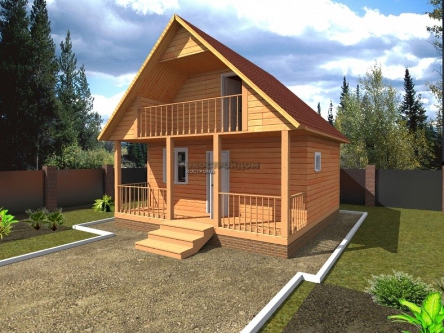 Баня 6 на 6 с мансардой и верандой