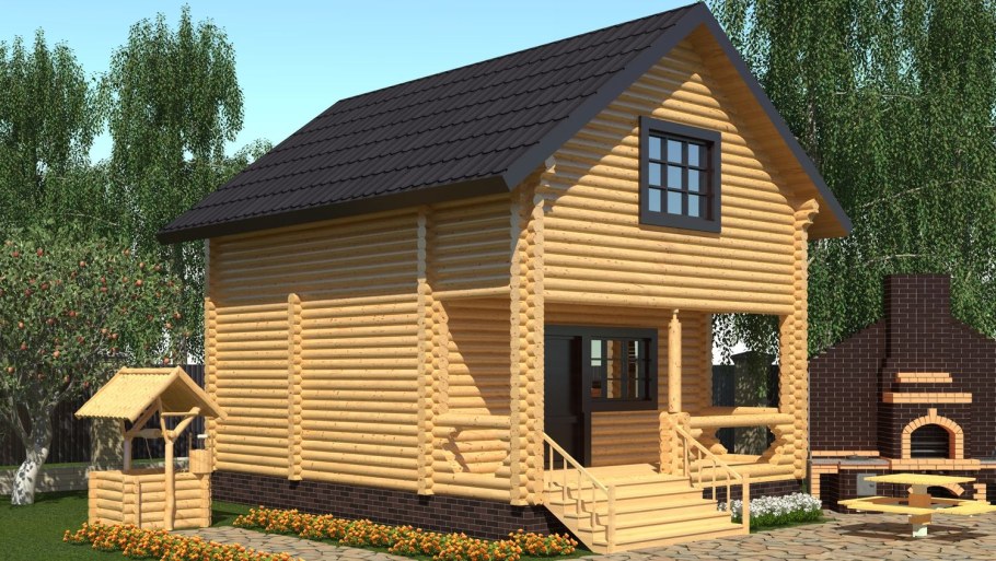 Баня 6х8 с мансардой и террасой