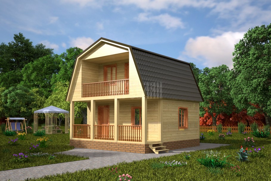 Баня дом 6х6 с мансардой и верандой из бруса под ключ