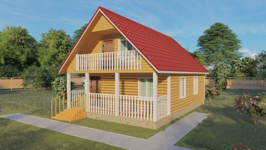 Дом 6×6 двухэтажный каркасный с террасой и балконом