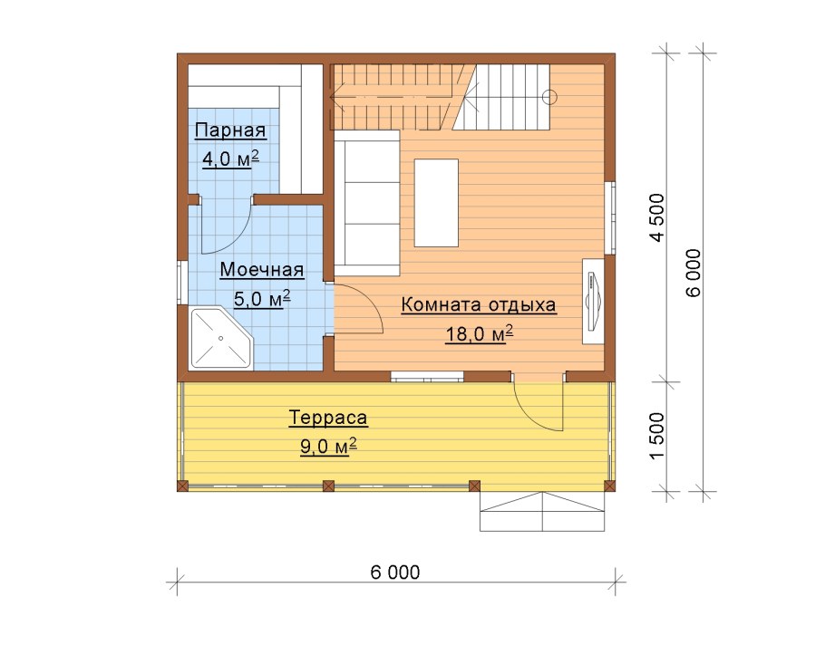 Планировка бани 6х6 с мансардой