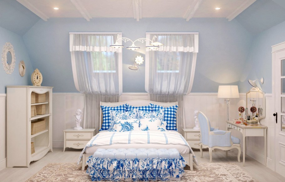 Детская в голубых тонах со светлой мебелью