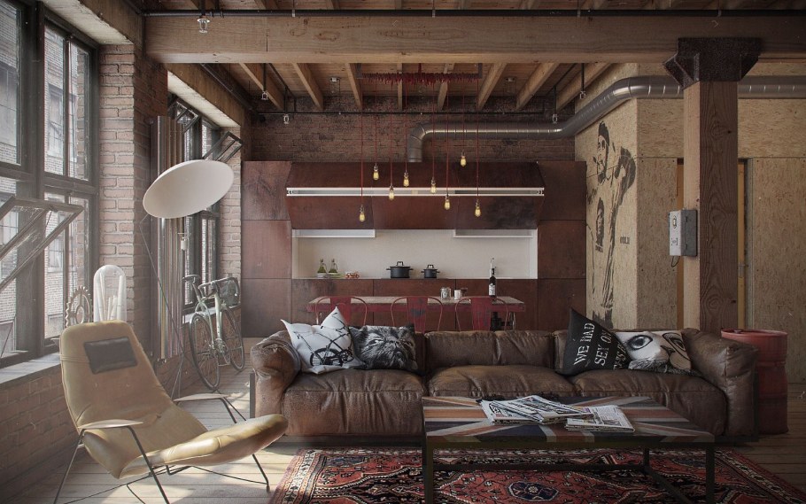 Индустриальный стиль Индастриал интерьер гостиная