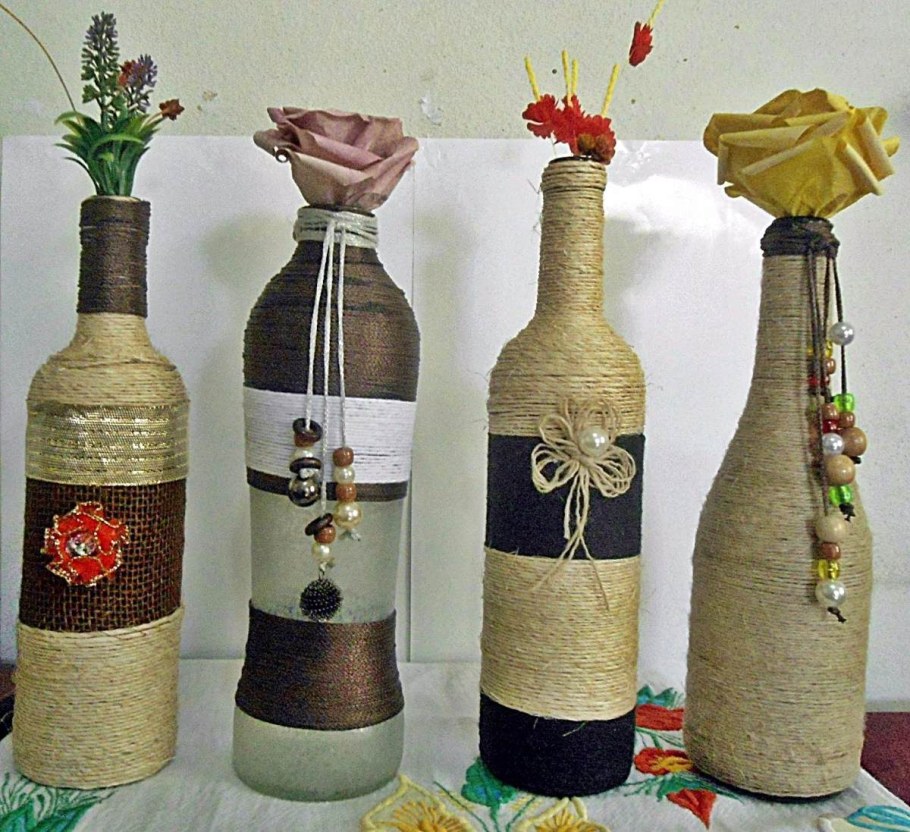 Декор бутылки мешковиной