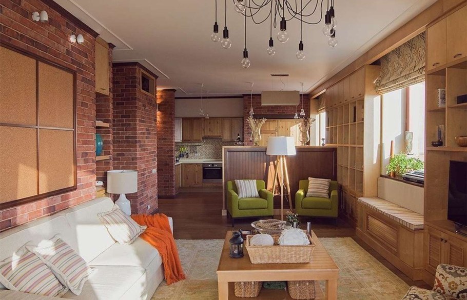 Гостиная кухня в стиле лофт в загородном доме