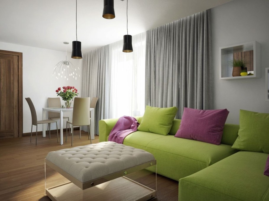 Шторы к зеленым обоям в гостиной