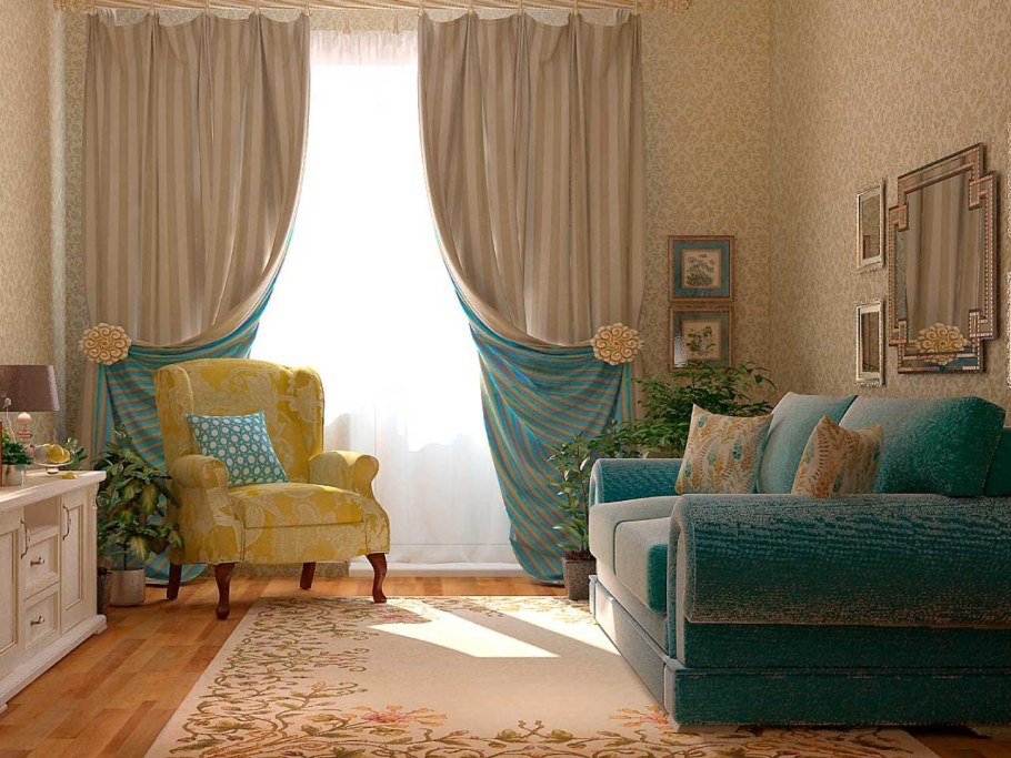Шторы бирюзовые с бежевым