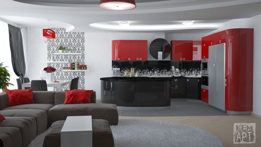 Кухня красная с черным для студии