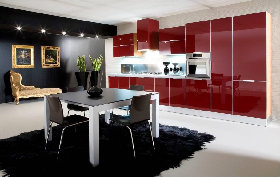 Кухня в бело черно красных тонах