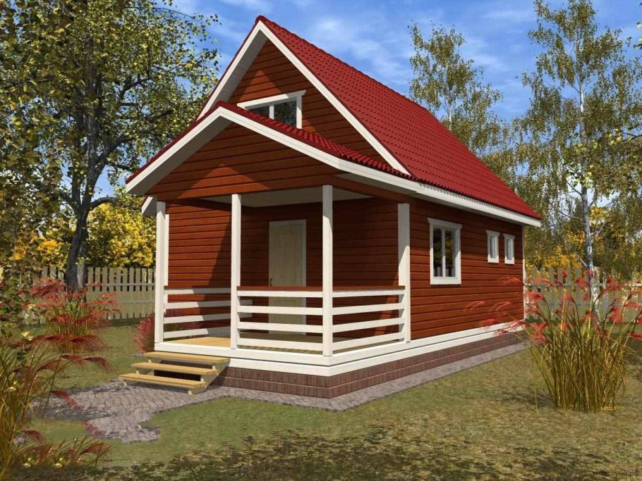 Баня дом 6х6 с мансардой и верандой из бруса