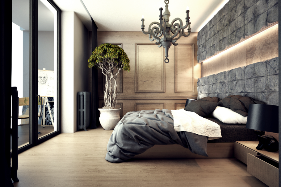 Лофт и классика в интерьере спальни