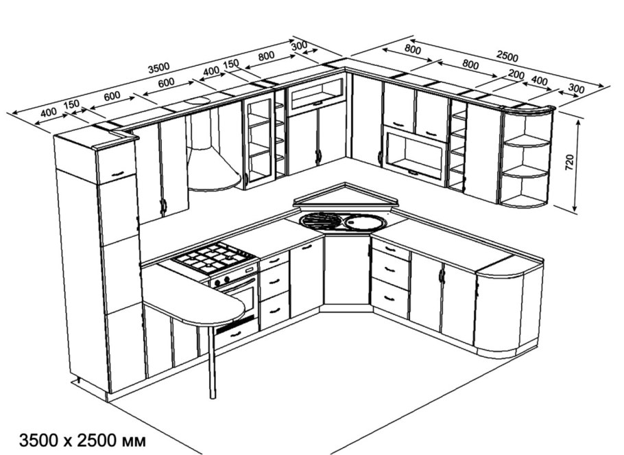 Кухня с угловой мойкой чертеж
