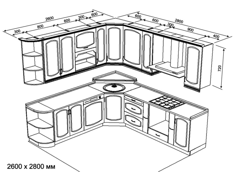 Угловая кухня планировка с размерами