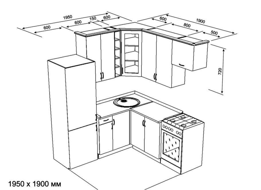 Схема кухонного гарнитура углового с размерами 6кв