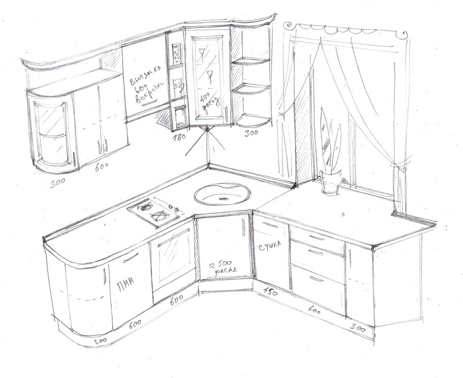 Планировка угловой кухни