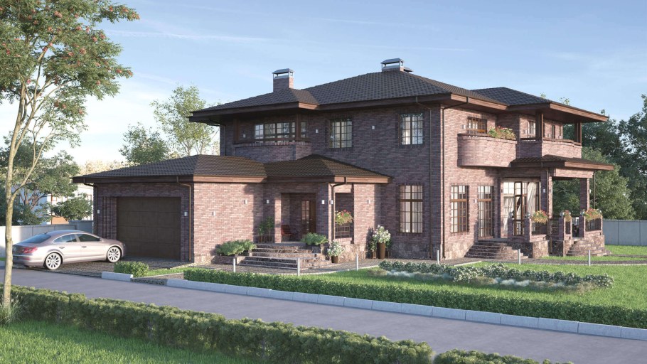 Двухэтажный дом с гаражом и террасой