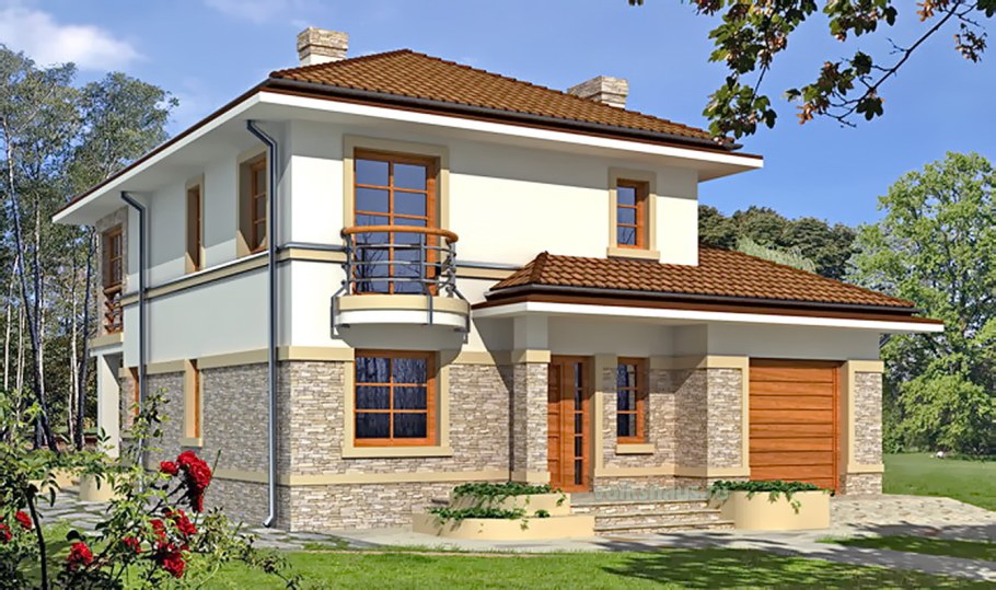 Двухэтажный дом с гаражом и балконом