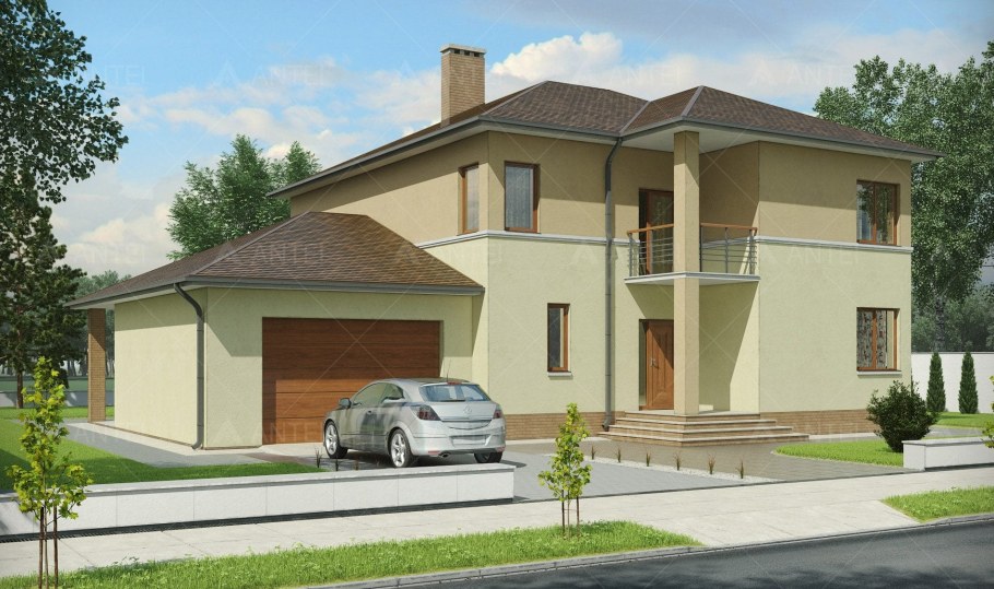 Двухэтажный дом с гаражом и балконом