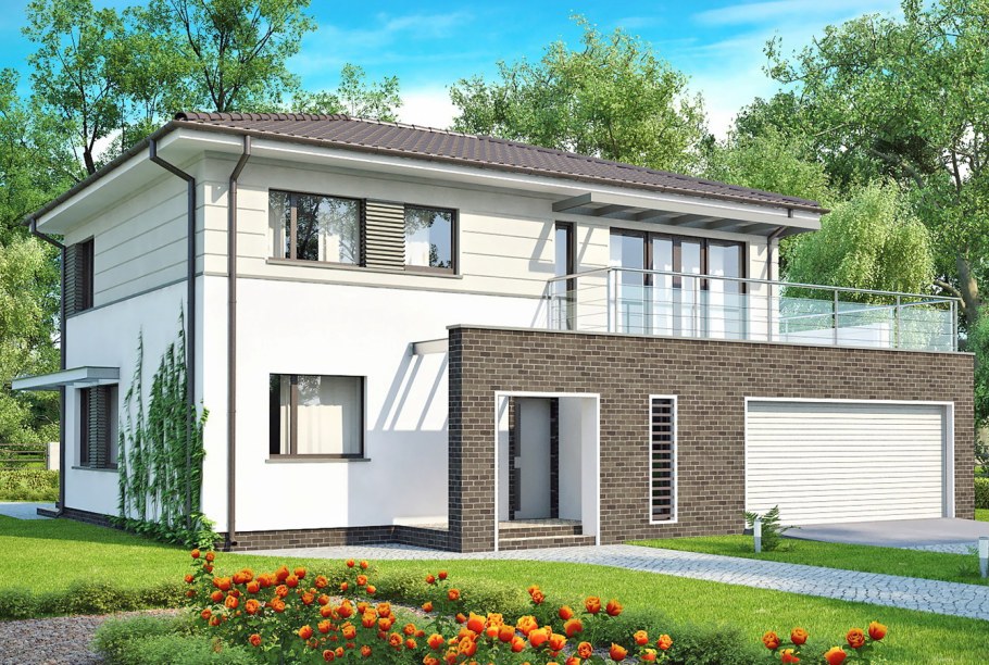 Двухэтажный дом с гаражом и балконом