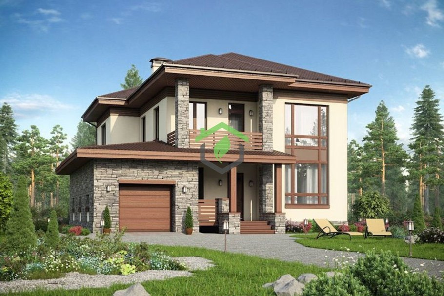 Двухэтажный дом с гаражом и балконом