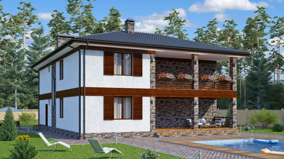 Двухэтажный дом с гаражом и балконом