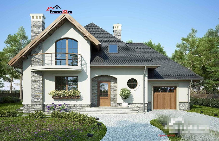Двухэтажный коттедж с мансардой и гаражом