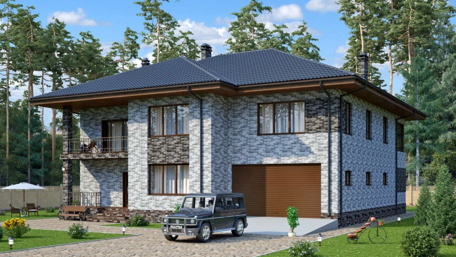 Двухэтажный дом с гаражом и террасой