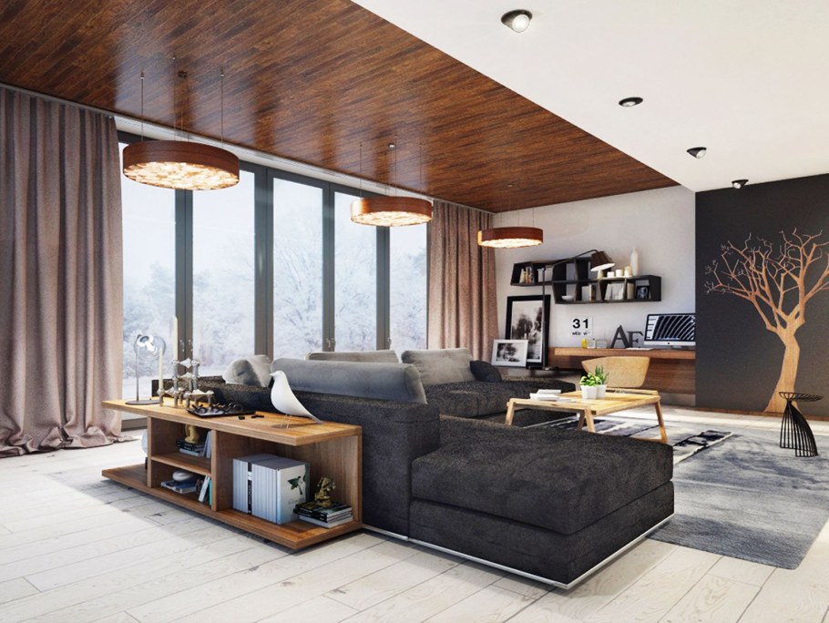 Большая гостиная в современной квартире архитектора