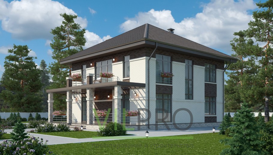 Дом два этажа с четырехскатной крышей и террасой