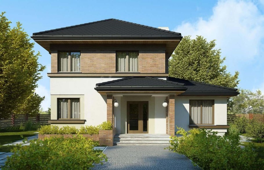 Двухэтажный дом с четырпх катроф крышей