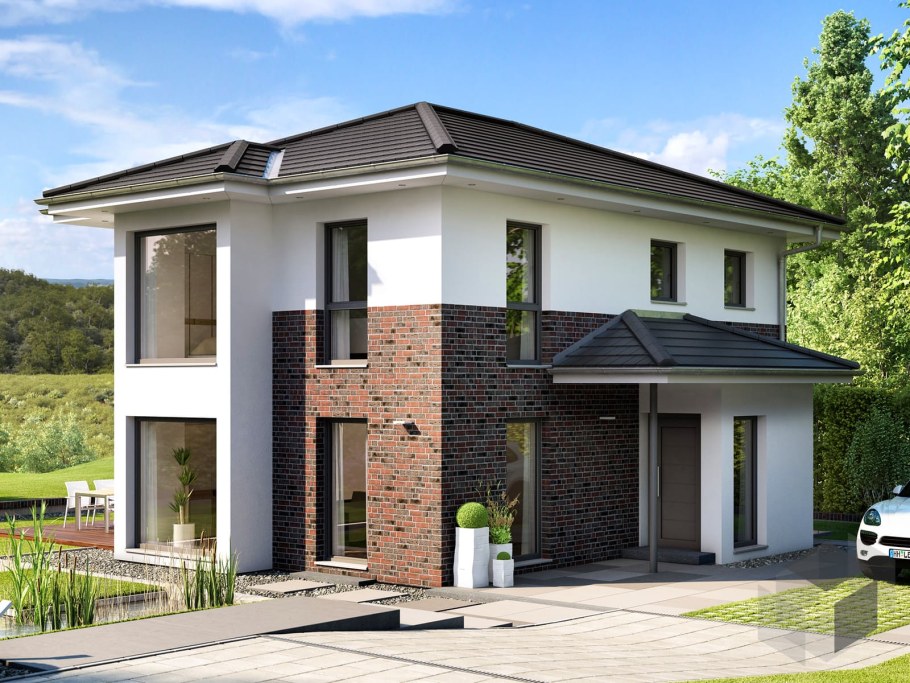 Двухэтажный дом в стиле Модерн с вальмовой крышей