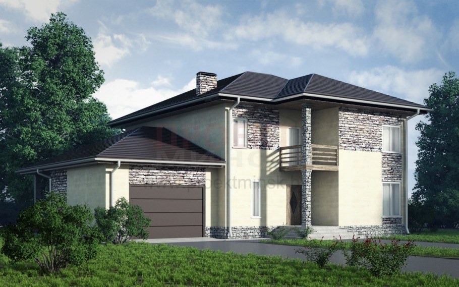Дом с четырехскатной крышей и гаражом