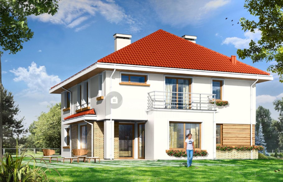 Двухэтажный дом с вальмовой крышей