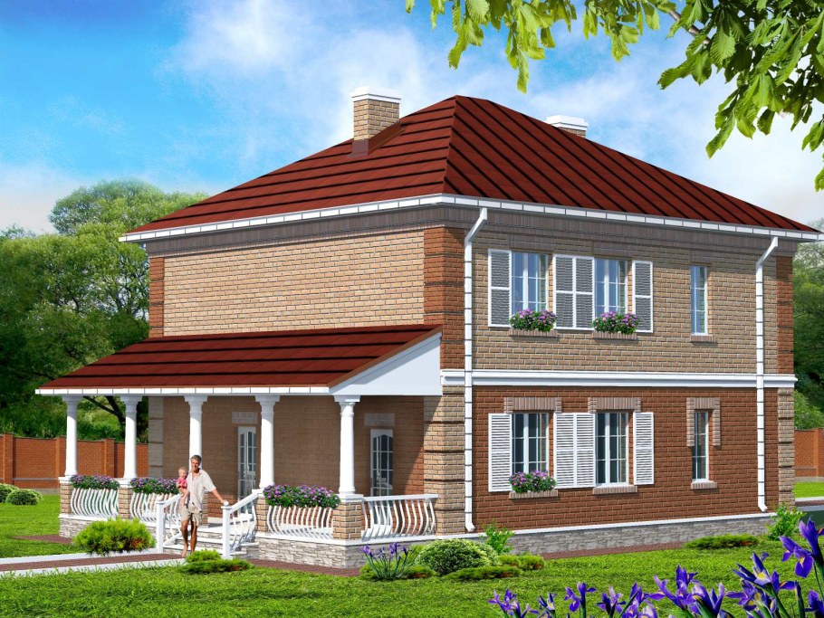 Двухэтажный кирпичный дом с верандой