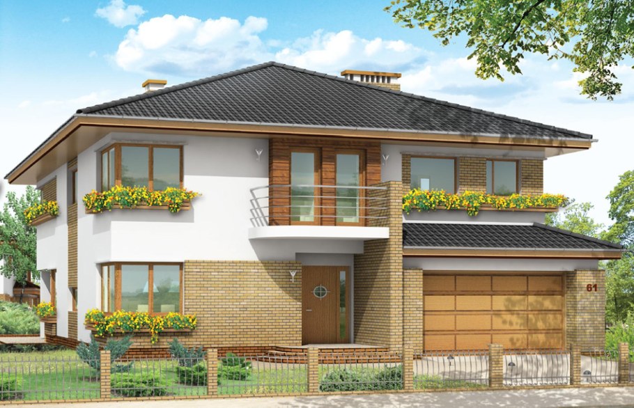 Двухэтажный дом с четырехскатной крышей и гаражом