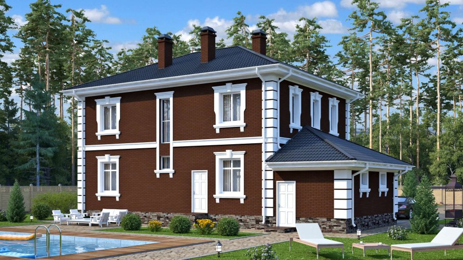 Двухэтажный кирпичный дом с четырехскатной крышей