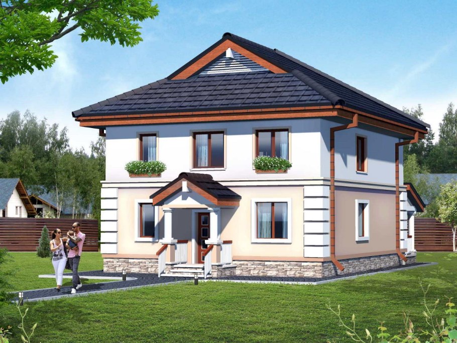 Фасад дома с четырехскатной крышей