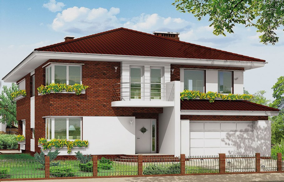 Двухэтажный дом с четырехскатной крышей и гаражом