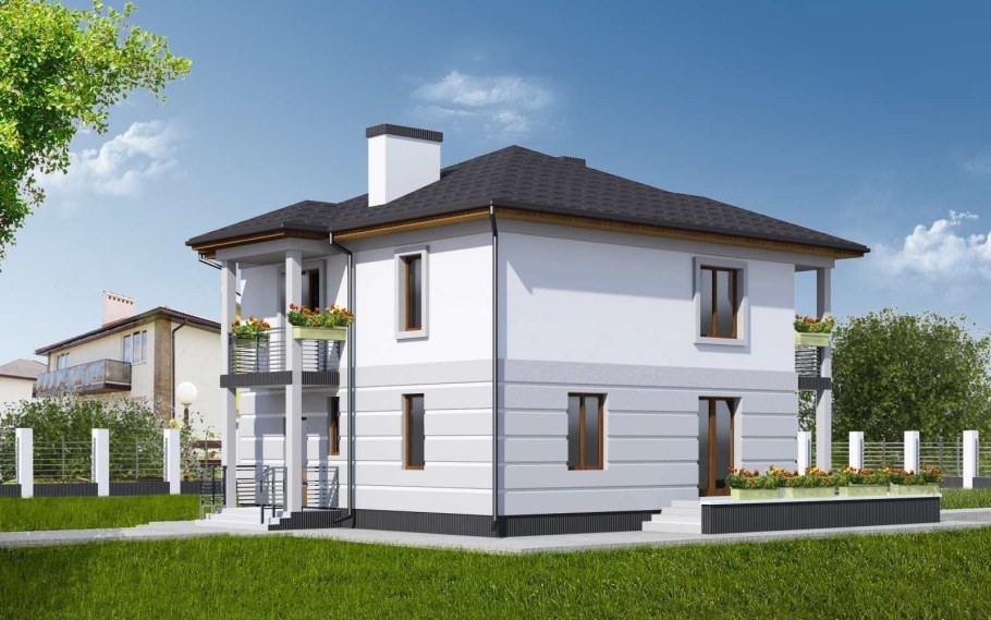 Фасады двухэтажных домов с четырехскатной крышей