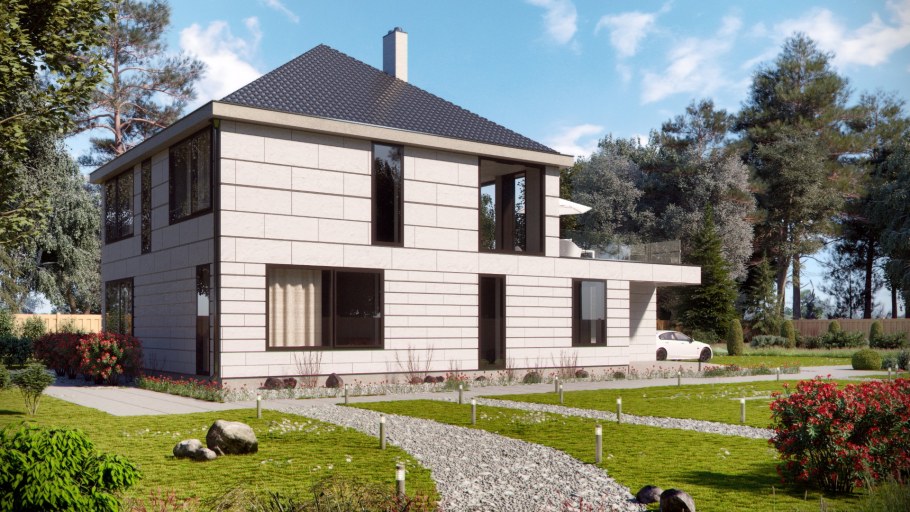 Двухэтажный дом с шатровой крышей