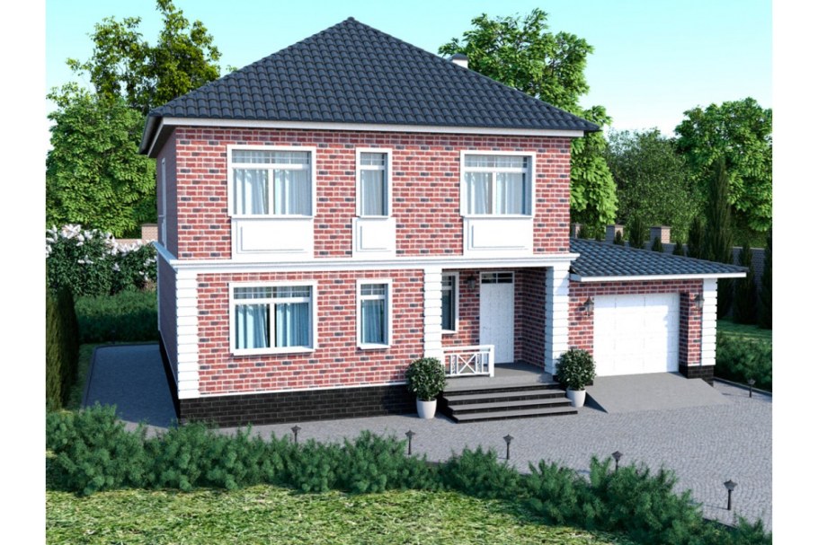 Двухэтажный кирпичный дом с четырехскатной крышей