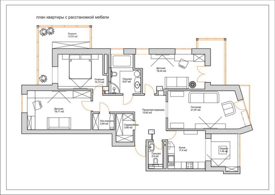 Обмерный план квартиры с размерами с расстановкой мебели