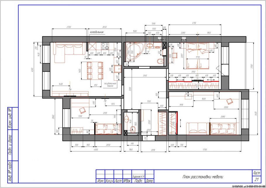 План студии 30 кв.м с расстановкой мебели