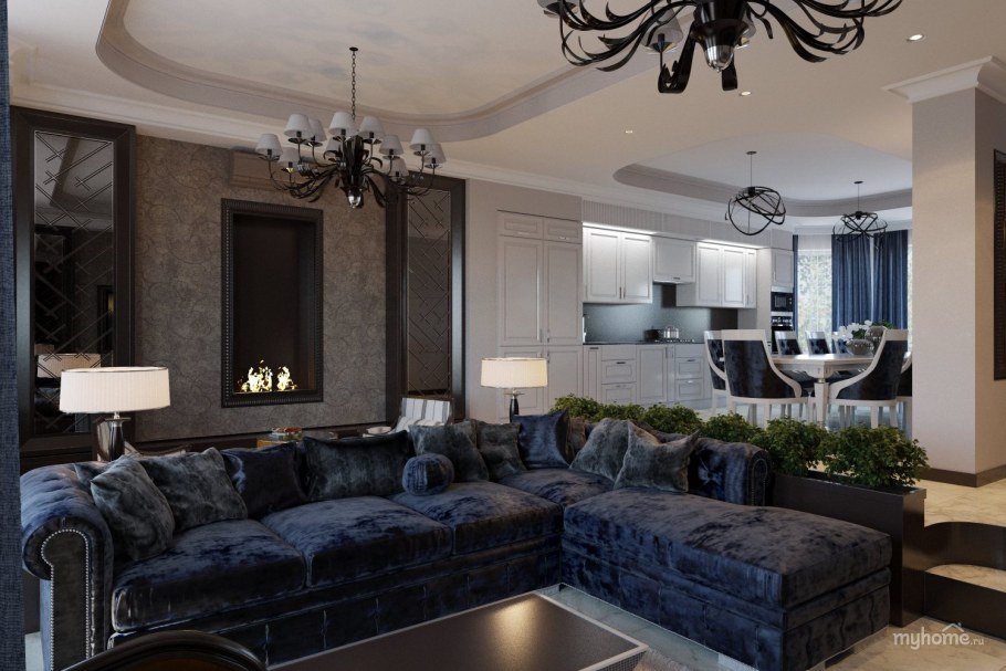 Гостиная в частном доме в синем цвете