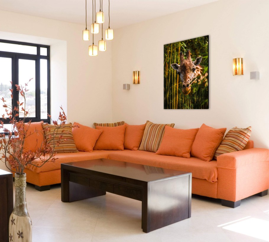 Оранжевый диван в интерьере гостиной