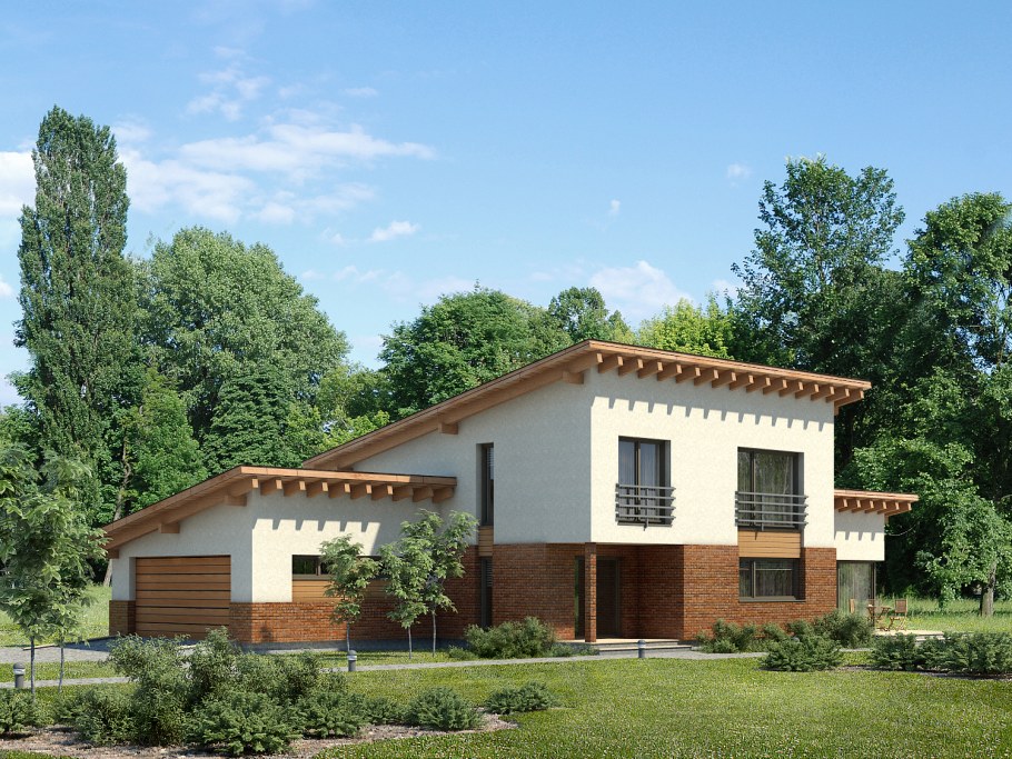 Одноэтажный дом с односкатной крышей и гаражом