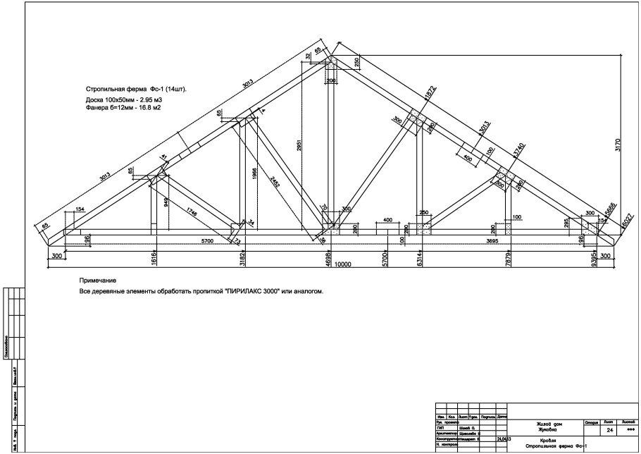 Чертеж деревянной кровли двухскатной