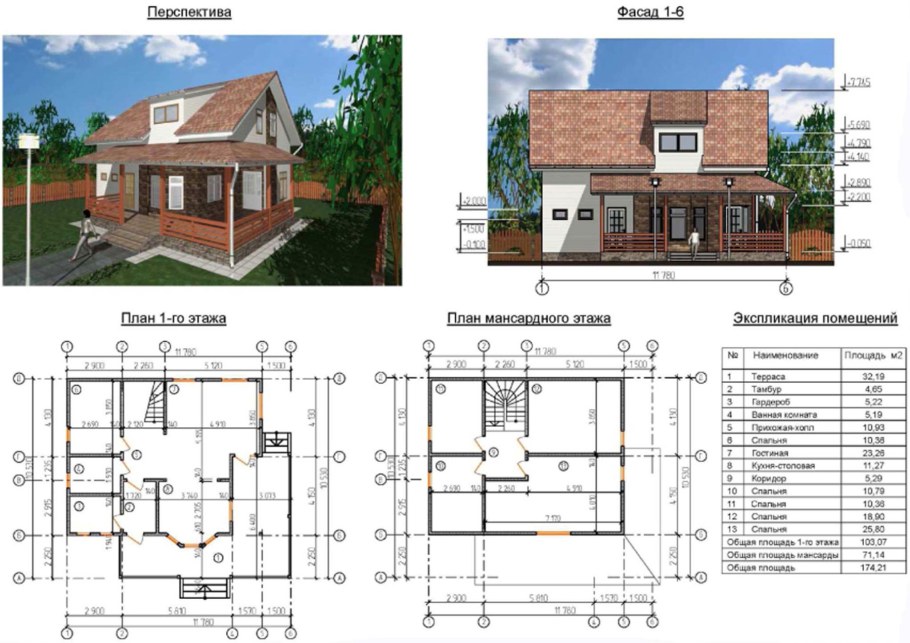 Чертеж одноэтажного дома с мансардой