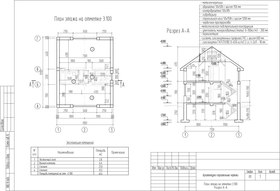 Чертеж одноэтажного жилого дома с мансардой